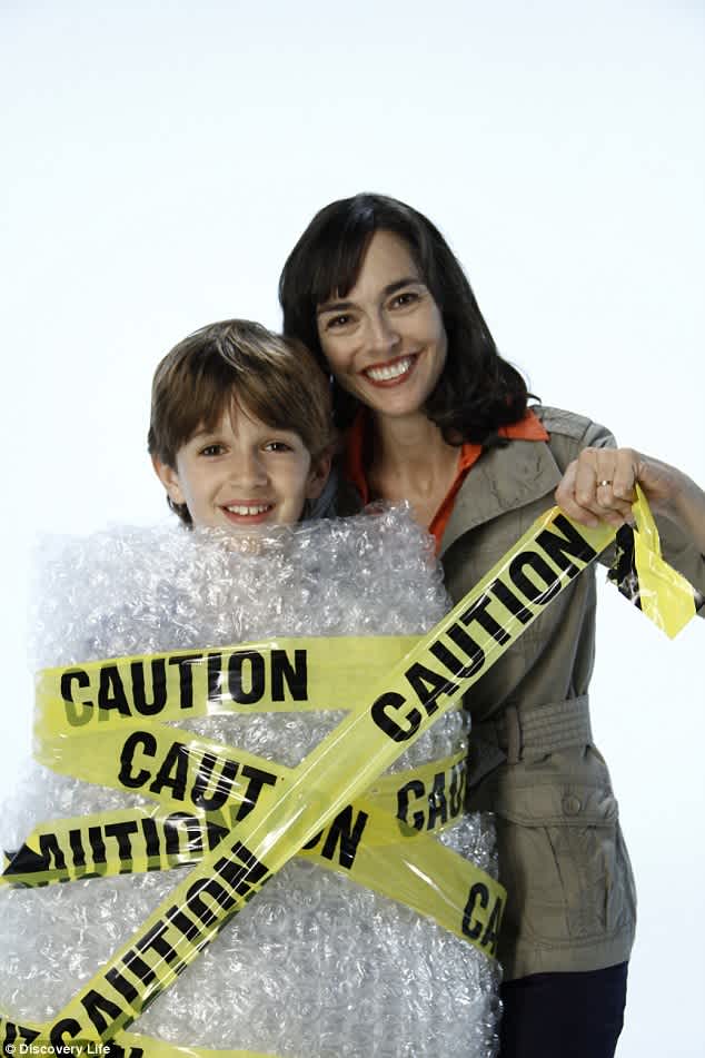 Mom and child with caution tape